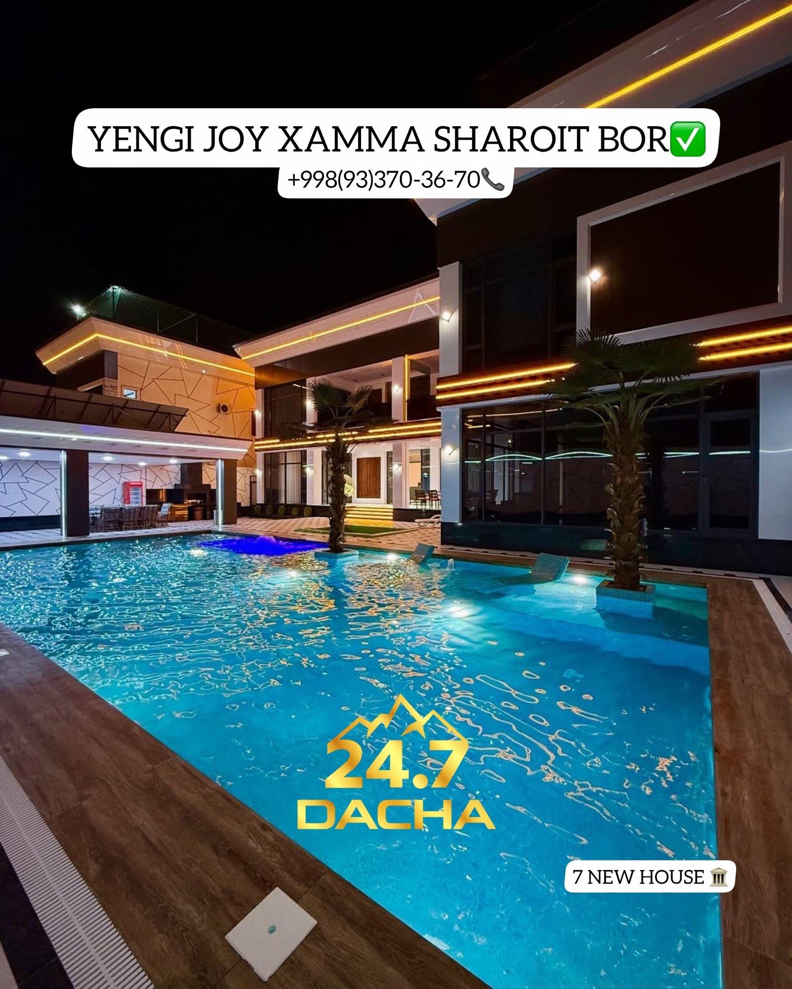 7 NEW HOUSE dacha ijarasi — Chorvoq BOCHKA — asosiy rasm | Dachala.uz